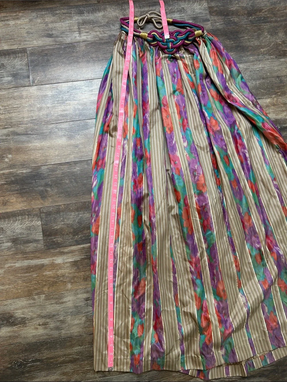Vintage 100% Silk Multicolor Floral Stripe Maxi Skirt - Women's